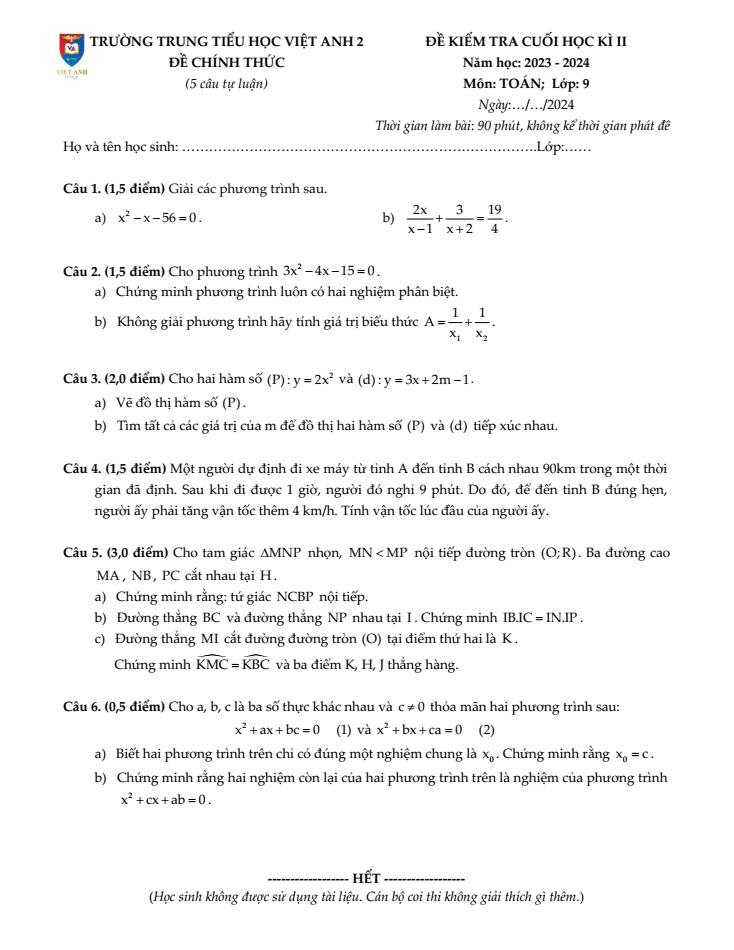 Đề thi Học kì 2 Toán 9 năm 2023-2024 trường Việt Anh 2 (Bình Dương)