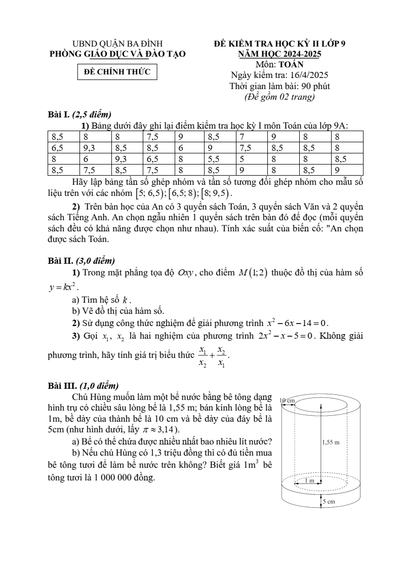 Đề thi Học kì 2 Toán 9 phòng GD&ĐT Ba Đình (Hà Nội) năm 2024-2025