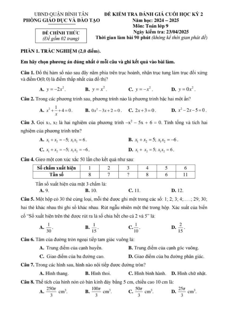 Đề thi Học kì 2 Toán 9 phòng GD&ĐT Bình Tân (Tp.HCM) năm 2024-2025