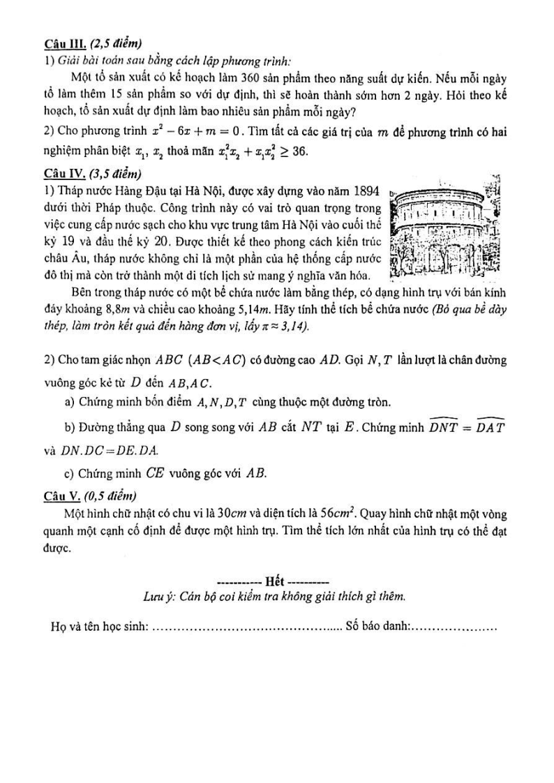 Đề thi Học kì 2 Toán 9 phòng GD&ĐT Cầu Giấy (Hà Nội) năm 2024-2025