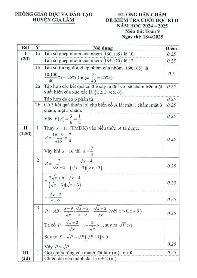 Đề thi Học kì 2 Toán 9 phòng GD&ĐT Gia Lâm (Hà Nội) năm 2024-2025