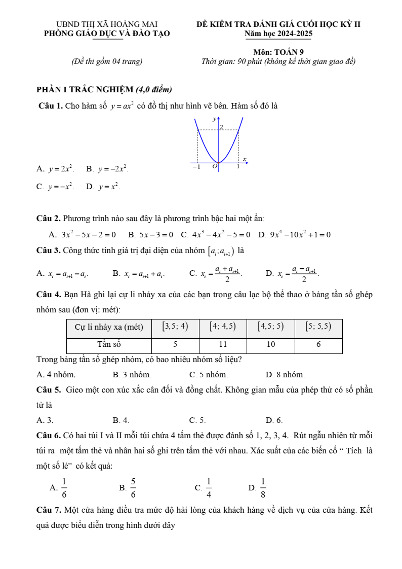 Đề thi Học kì 2 Toán 9 phòng GD&ĐT Hoàng Mai (Nghệ An) năm 2024-2025