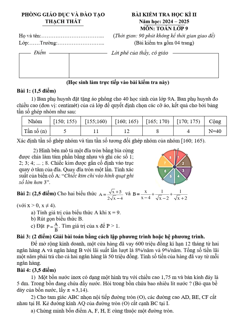 Đề thi Học kì 2 Toán 9 phòng GD&ĐT Thạch Thất (Hà Nội) năm 2024-2025