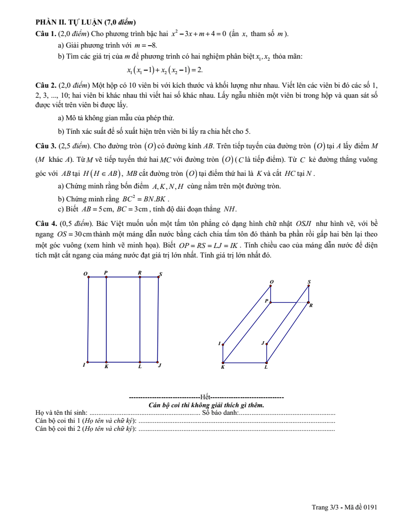 Đề thi Học kì 2 Toán 9 sở GD&ĐT Bắc Giang năm 2024-2025