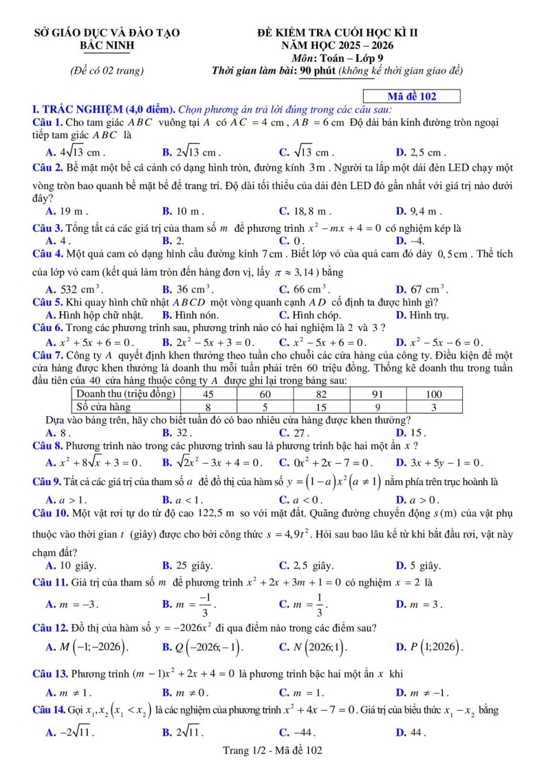 Đề thi Học kì 2 Toán 9 Sở GD&ĐT Bắc Ninh năm 2025-2026
