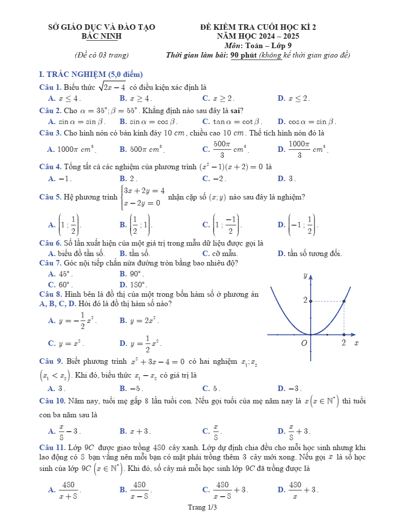 Đề thi Học kì 2 Toán 9 sở GD&ĐT Bắc Ninh năm 2024-2025