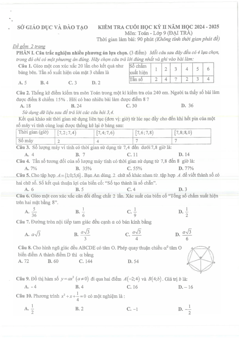 Đề thi Học kì 2 Toán 9 sở GD&ĐT Bình Dương năm 2024-2025