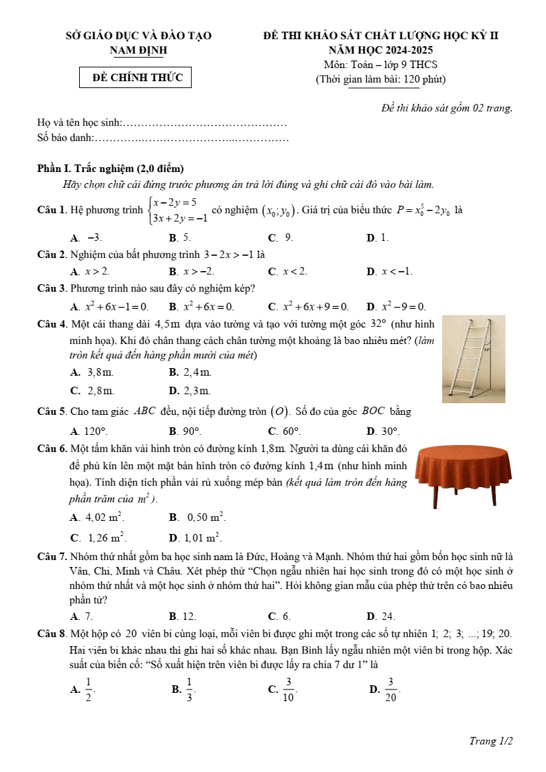 Đề thi Học kì 2 Toán 9 sở GD&ĐT Nam Định năm 2024-2025