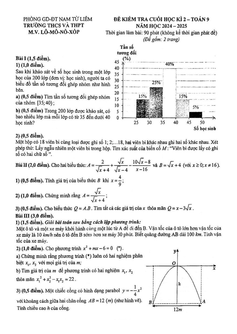 Đề thi Học kì 2 Toán 9 trường M.V. Lômônôxốp (Hà Nội) năm 2024-2025