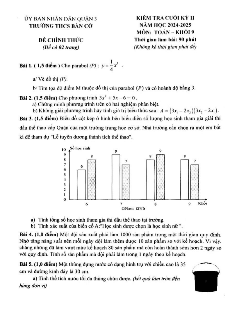Đề thi Học kì 2 Toán 9 trường THCS Bàn Cờ (Tp.HCM) năm 2024-2025