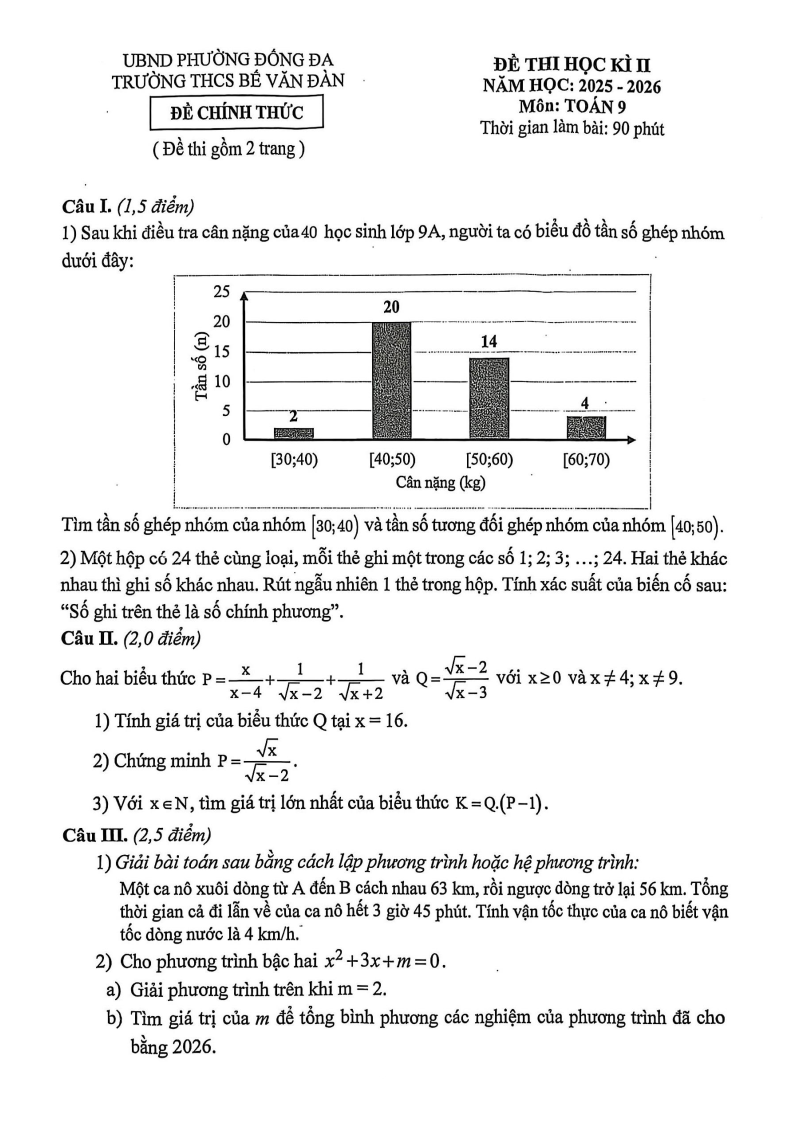 Đề thi Học kì 2 Toán 9 trường THCS Bê Văn Đàn (Hà Nội) năm 2025-2026