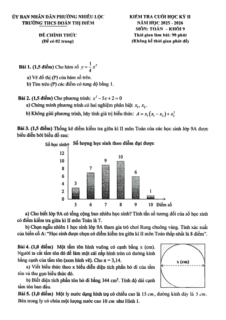 Đề thi Học kì 2 Toán 9 trường THCS Đoàn Thị Điểm (TP HCM) năm 2025-2026