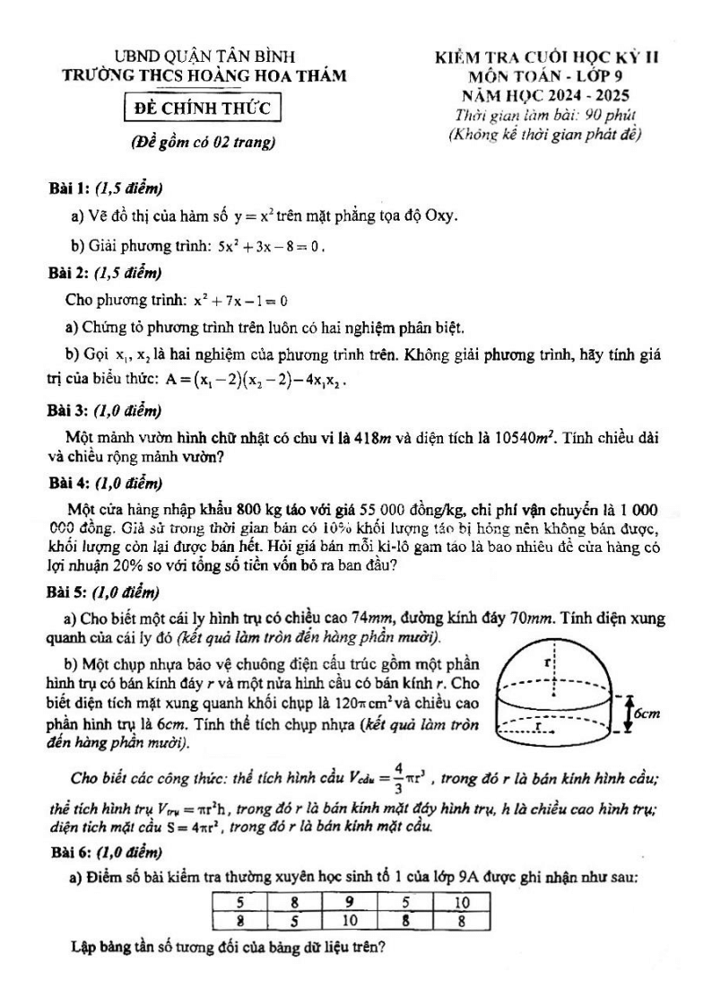 Đề thi Học kì 2 Toán 9 trường THCS Hoàng Hoa Thám (Tp.HCM) năm 2024-2025