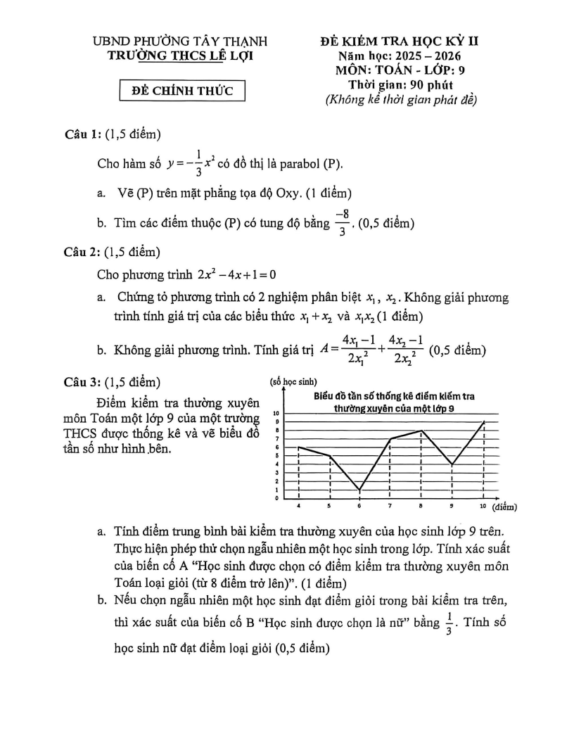 Đề thi Học kì 2 Toán 9 trường THCS Lê Lợi (TP HCM) năm 2025-2026
