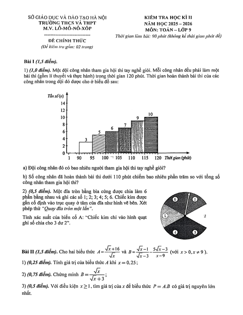 Đề thi Học kì 2 Toán 9 trường THCS và THPT M.V. Lômônôxốp (Hà Nội) năm 2025-2026