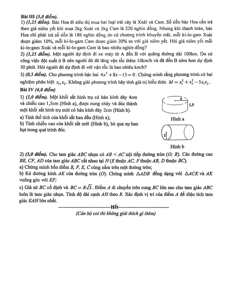 Đề thi Học kì 2 Toán 9 trường THCS và THPT M.V. Lômônôxốp (Hà Nội) năm 2025-2026