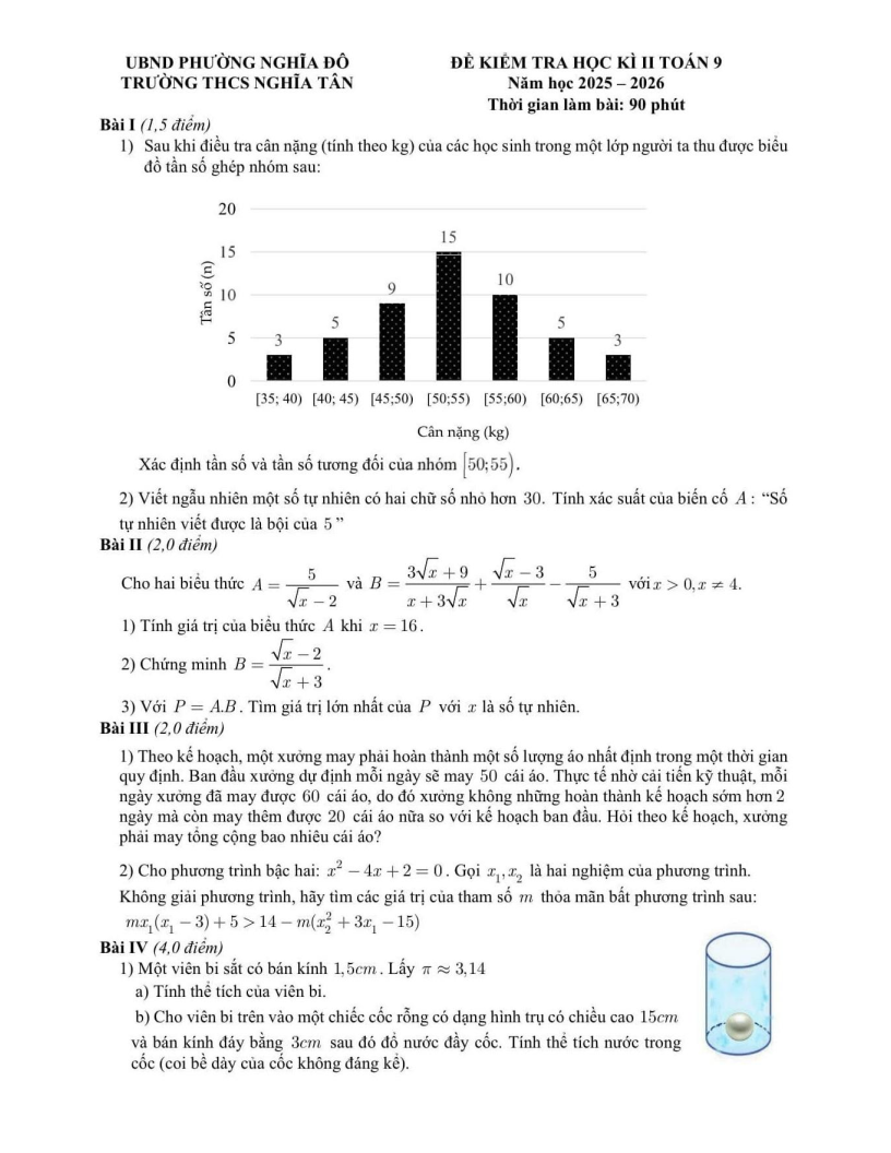 Đề thi Học kì 2 Toán 9 trường THCS Nghĩa Tân (Hà Nội) năm 2025-2026