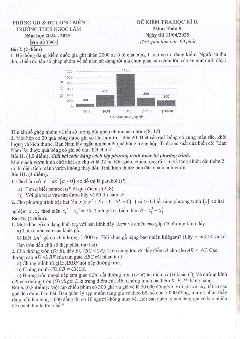 Đề thi Học kì 2 Toán 9 trường THCS Ngọc Lâm (Hà Nội) năm 2024-2025