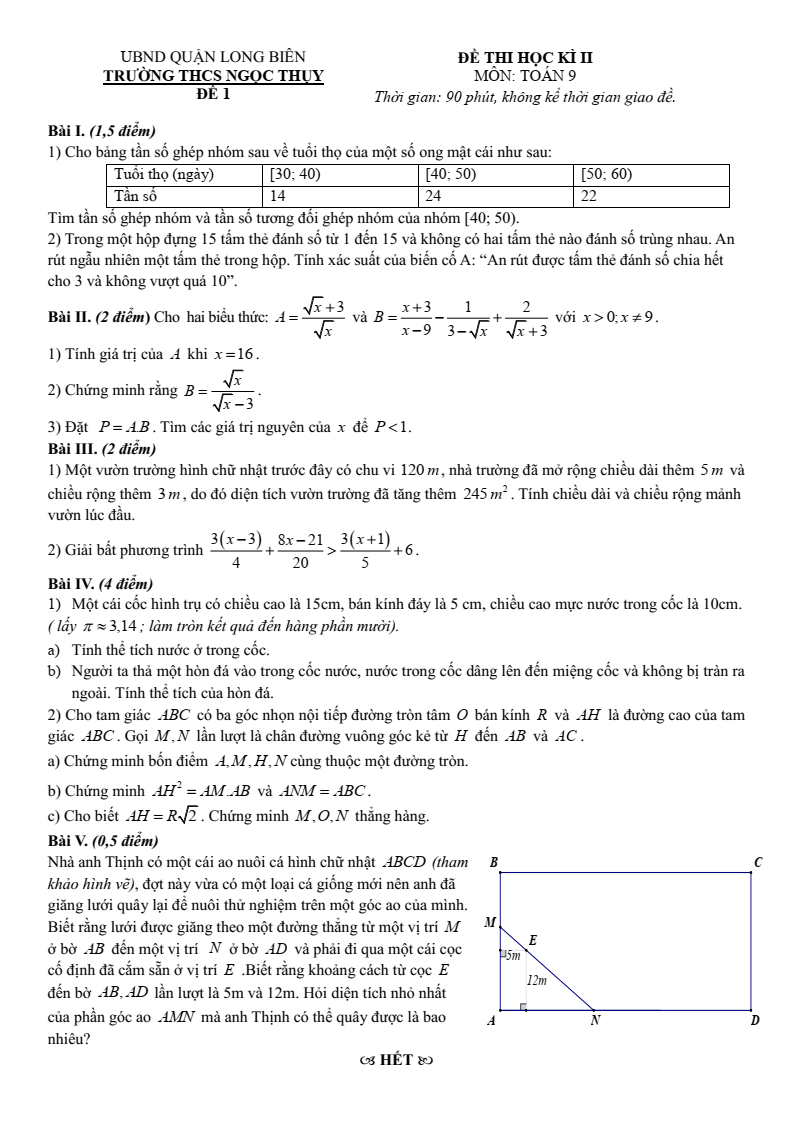 Đề thi Học kì 2 Toán 9 trường THCS Ngọc Thụy (Hà Nội) năm 2024-2025