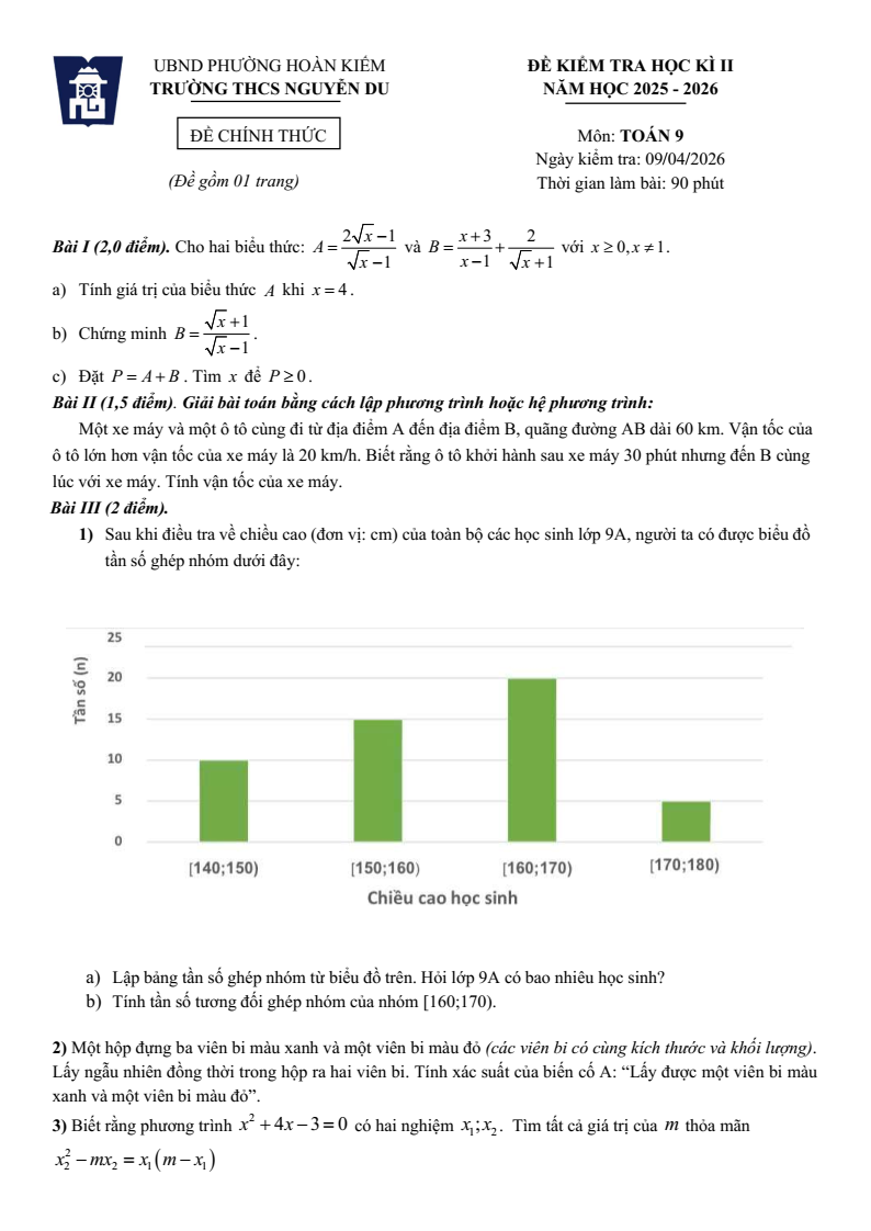 Đề thi Học kì 2 Toán 9 trường THCS Nguyễn Du (Hà Nội) năm 2025-2026
