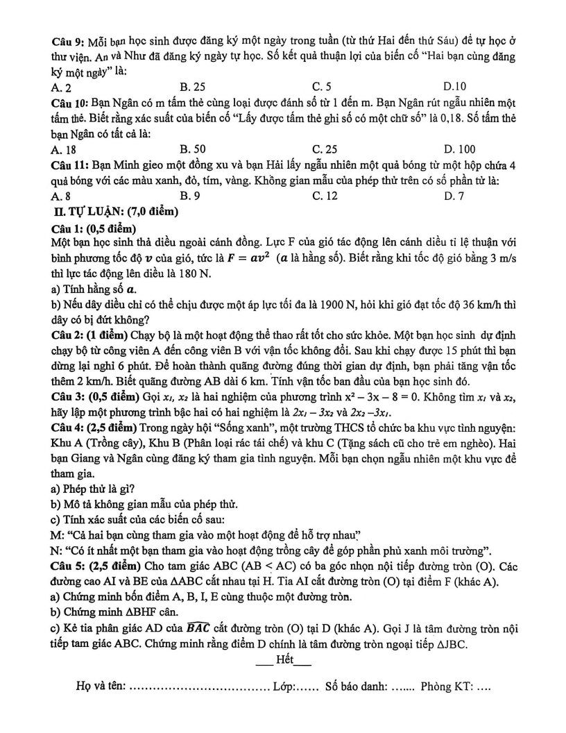 Đề thi Học kì 2 Toán 9 trường THCS Phan Đình Phùng (Đà Nẵng) năm 2025-2026