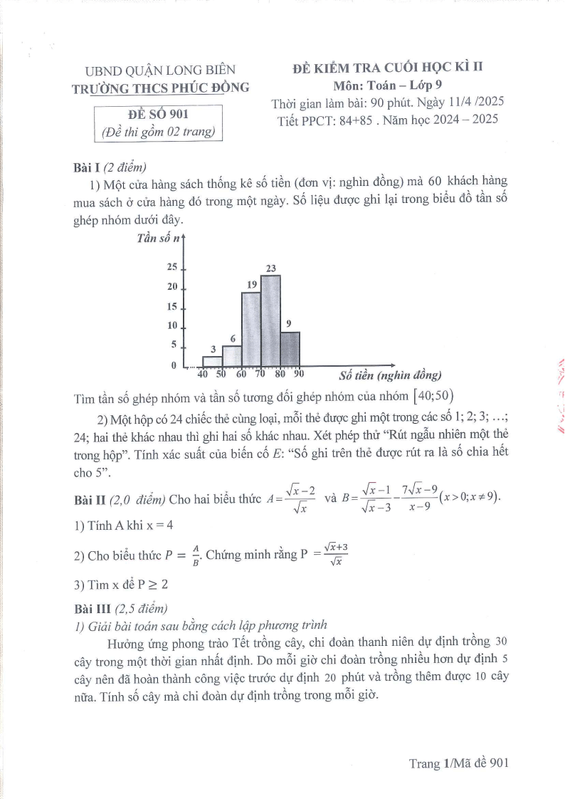 Đề thi Học kì 2 Toán 9 trường THCS Phúc Đồng (Hà Nội) năm 2024-2025