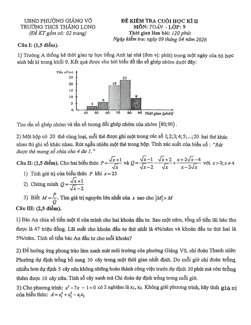 Đề thi Học kì 2 Toán 9 trường THCS Thăng Long (Hà Nội) năm 2025-2026