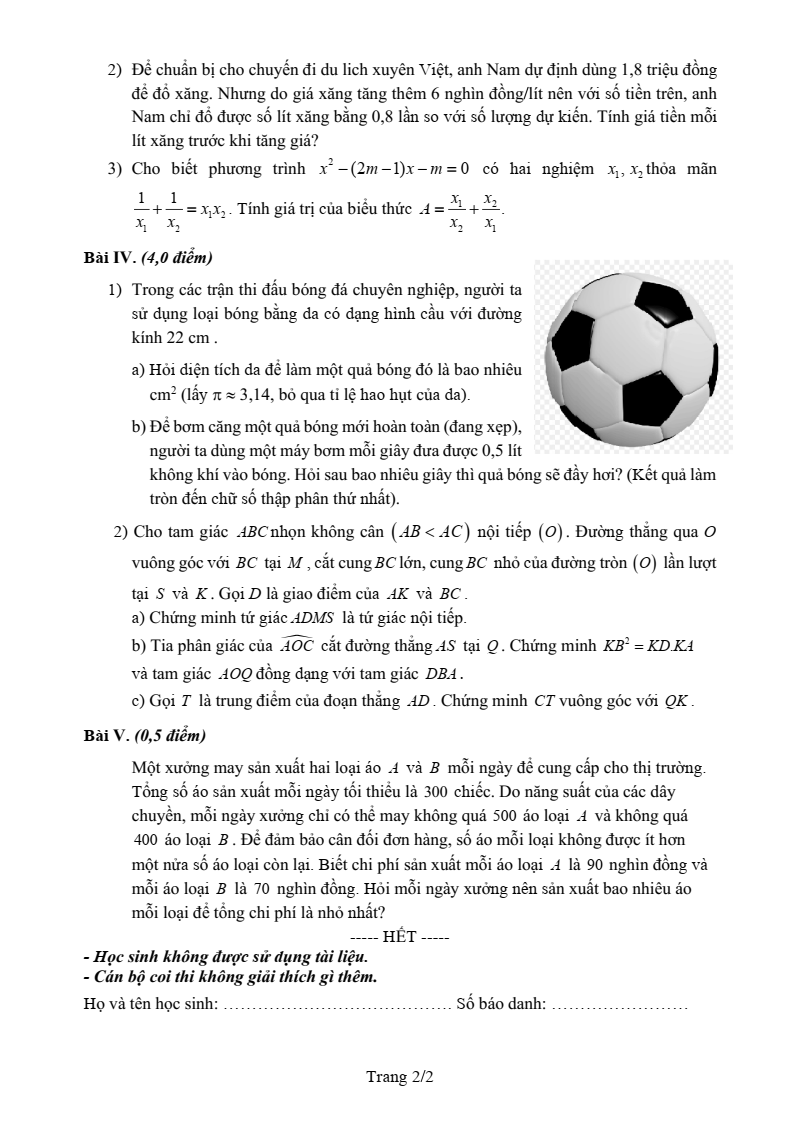 Đề thi Học kì 2 Toán 9 trường THCS Trưng Vương (Hà Nội) năm 2025-2026