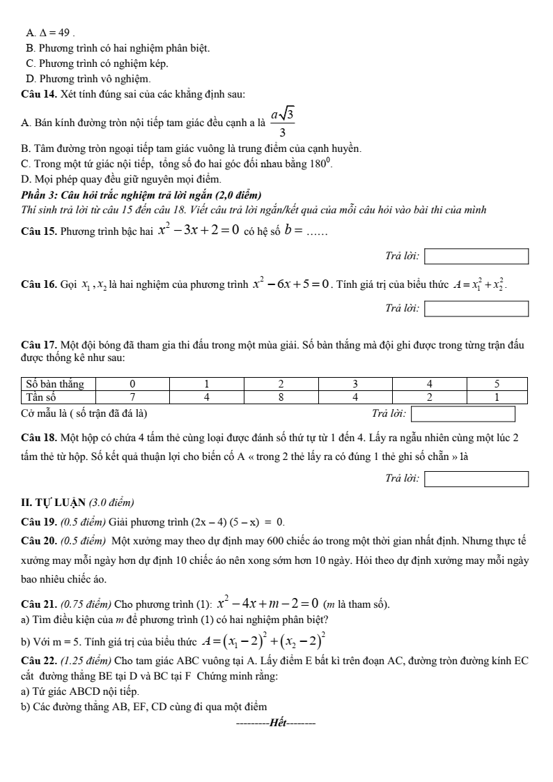 Đề thi Học kì 2 Toán 9 trường THCS Võ Trường Toản (Bà Rịa - Vũng Tàu) năm 2024-2025