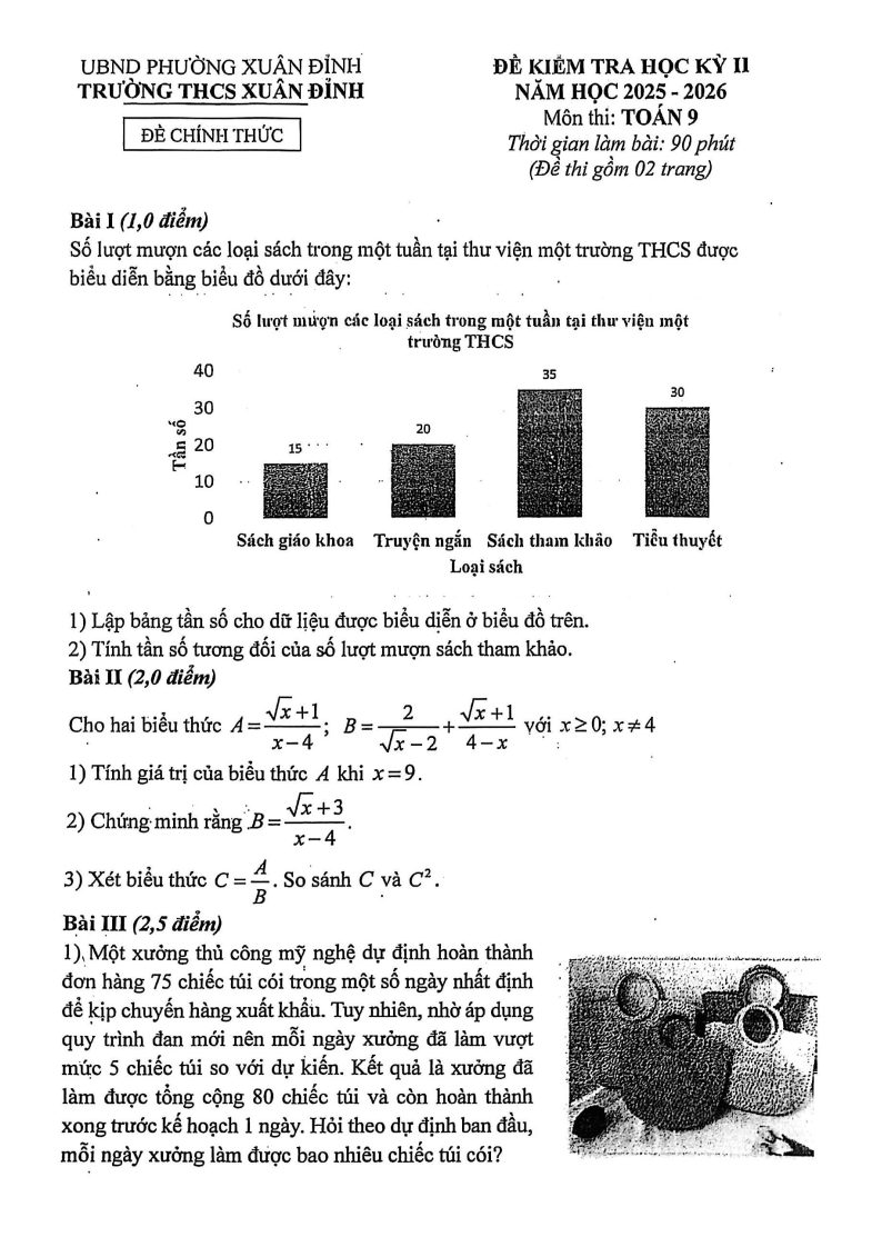 Đề thi Học kì 2 Toán 9 trường THCS Xuân Đỉnh (Hà Nội) năm 2025-2026