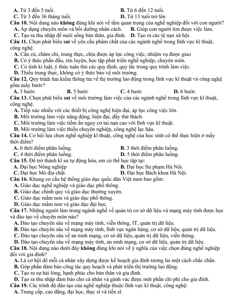 Đề thi Giữa kì 1 Công nghệ 9 năm 2025-2026 trường THCS Đức Giang (Hà Nội)