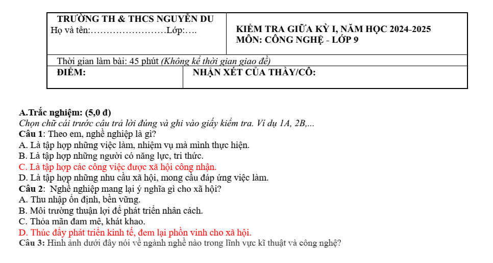 Đề thi Giữa kì 1 Công nghệ 9 năm 2024-2025 trường THCS Nguyễn Du (Quảng Nam)