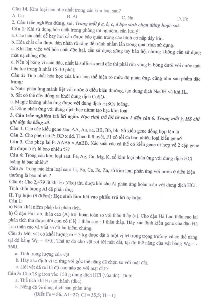 Đề thi Giữa kì 1 KHTN 9 năm 2025-2026 trường THCS Ngọc Lâm (Hà Nội)
