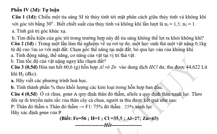 Đề thi Giữa kì 1 KHTN 9 năm 2025-2026 trường THCS Ngọc Thụy (Hà Nội)