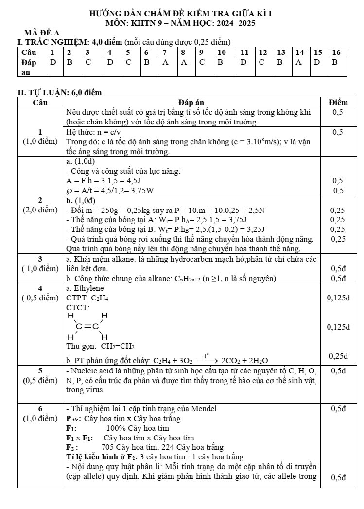 Đề thi Giữa kì 1 KHTN 9 năm 2024-2025 trường THCS Nguyễn Trãi (Quảng Nam)