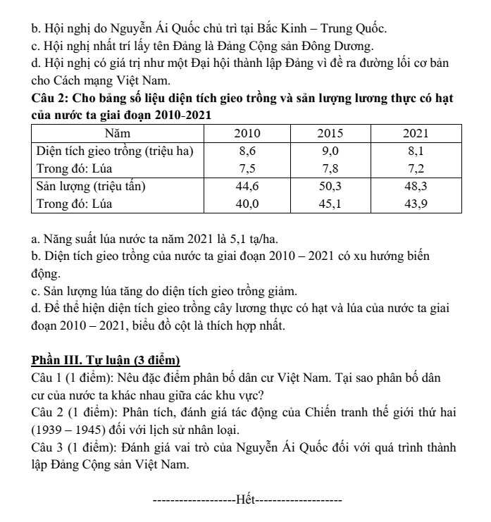 Đề thi Giữa kì 1 Lịch Sử và Địa Lí 9 năm 2025-2026 trường THCS Bát Tràng (Hà Nội)