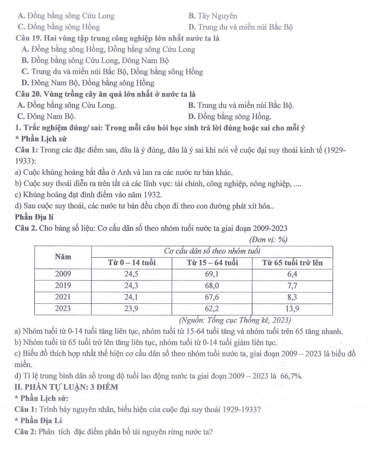 Đề thi Giữa kì 1 Lịch Sử và Địa Lí 9 năm 2025-2026 trường THCS Ngọc Lâm (Hà Nội)