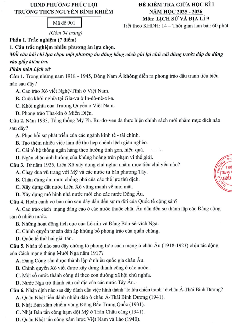 Đề thi Giữa kì 1 Lịch Sử và Địa Lí 9 năm 2025-2026 trường THCS Nguyễn Bỉnh Khiêm (Hà Nội)