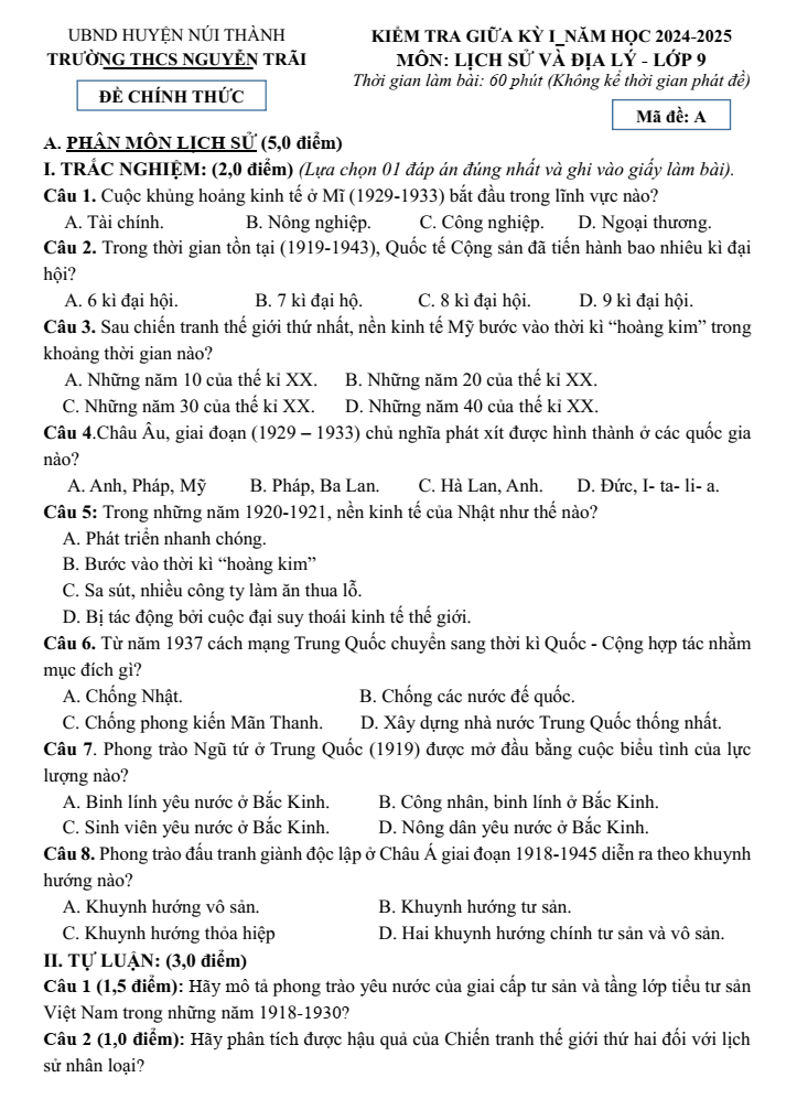 Đề thi Giữa kì 1 Lịch Sử và Địa Lí 9 năm 2024-2025 trường THCS Nguyễn Trãi (Quảng Nam)