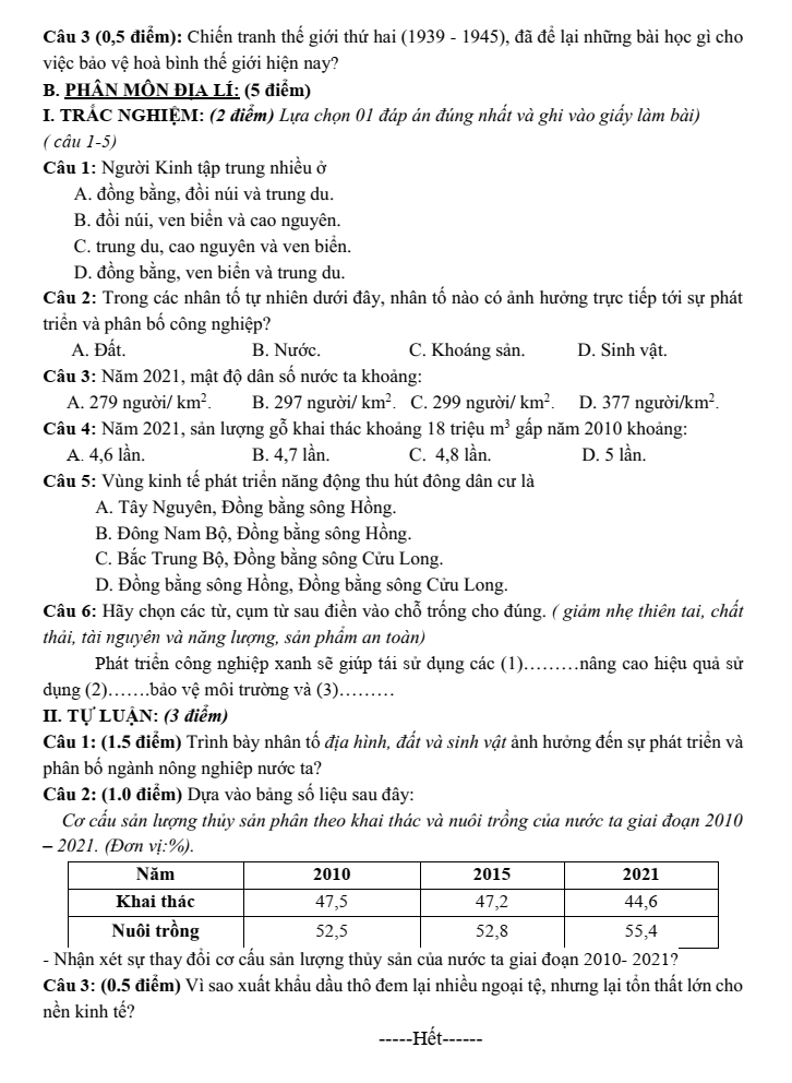 Đề thi Giữa kì 1 Lịch Sử và Địa Lí 9 năm 2024-2025 trường THCS Nguyễn Trãi (Quảng Nam)
