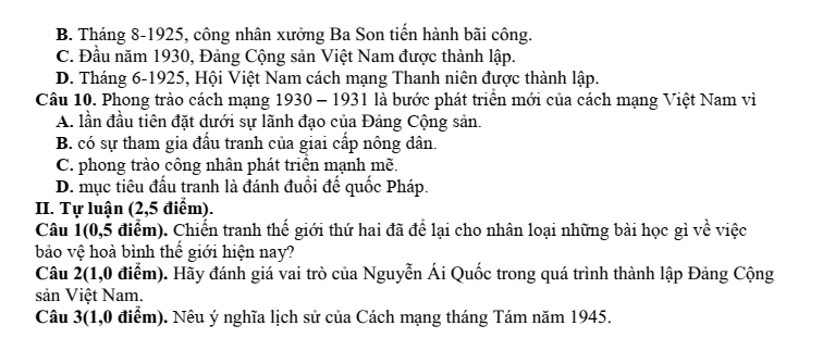 Đề thi Giữa kì 1 Lịch Sử và Địa Lí 9 năm 2024-2025 trường TH&THCS Vinh Quang (Kon Tum)