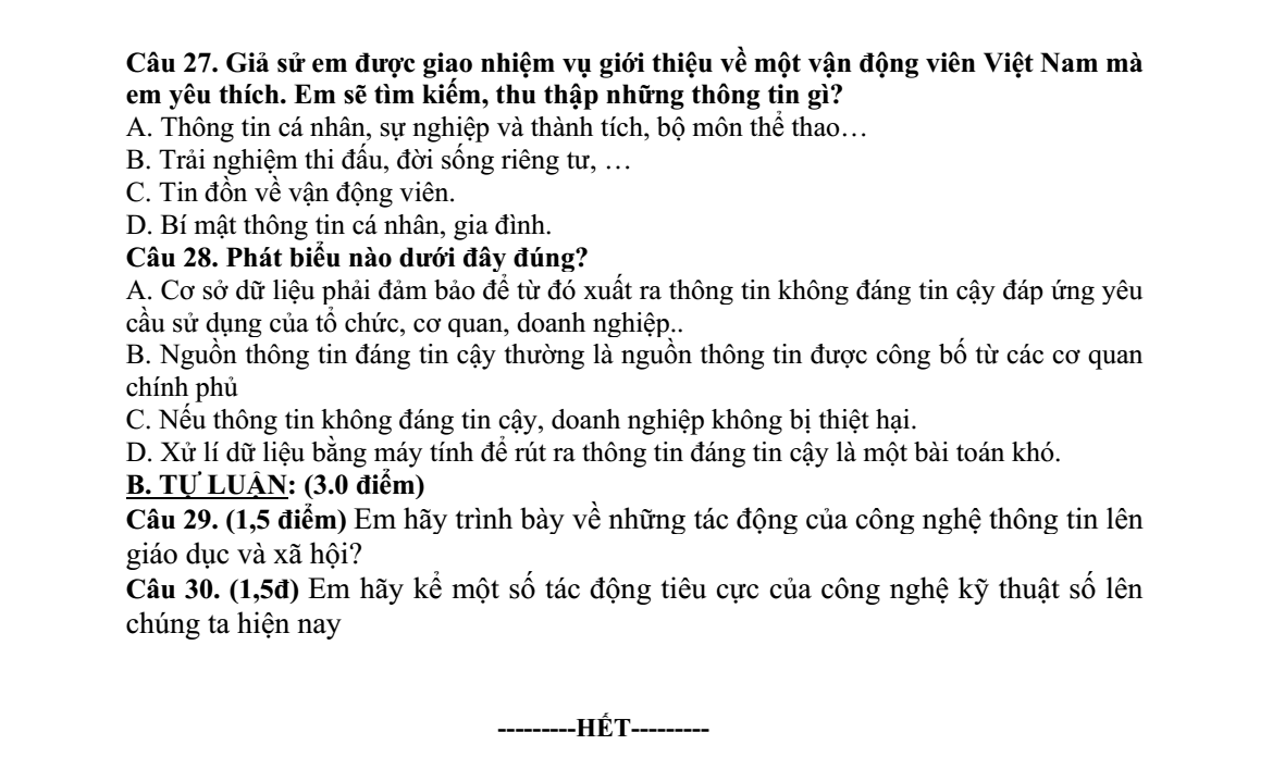 Đề thi Giữa kì 1 Tin học 9 năm 2024-2025 trường THCS Đức Giang (Hà Nội)