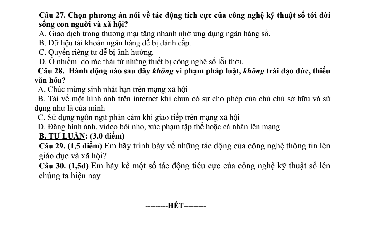 Đề thi Giữa kì 1 Tin học 9 năm 2024-2025 trường THCS Đức Giang (Hà Nội)