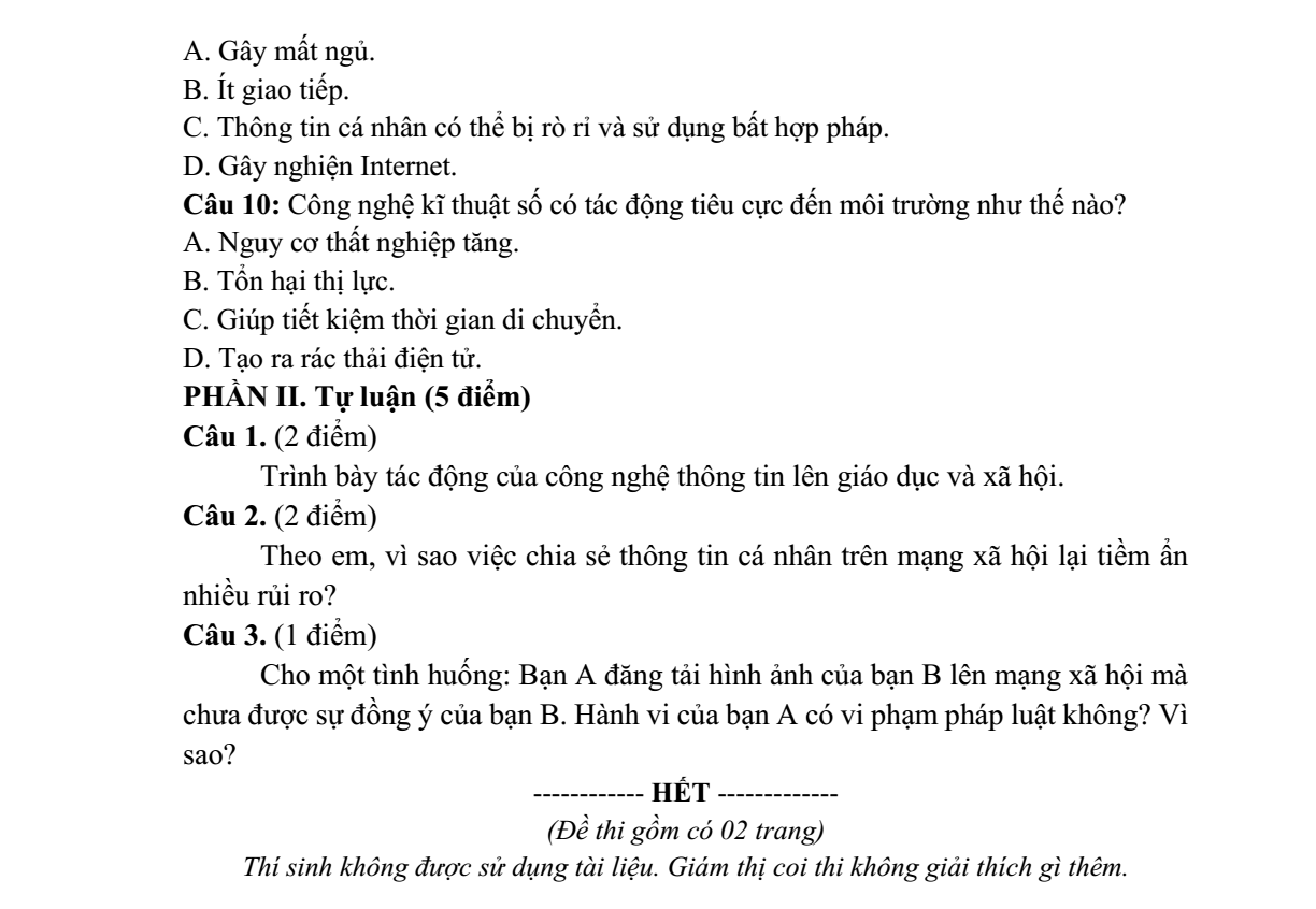 Đề thi Giữa kì 1 Tin học 9 năm 2025-2026 trường THCS Nội Duệ (Bắc Ninh)