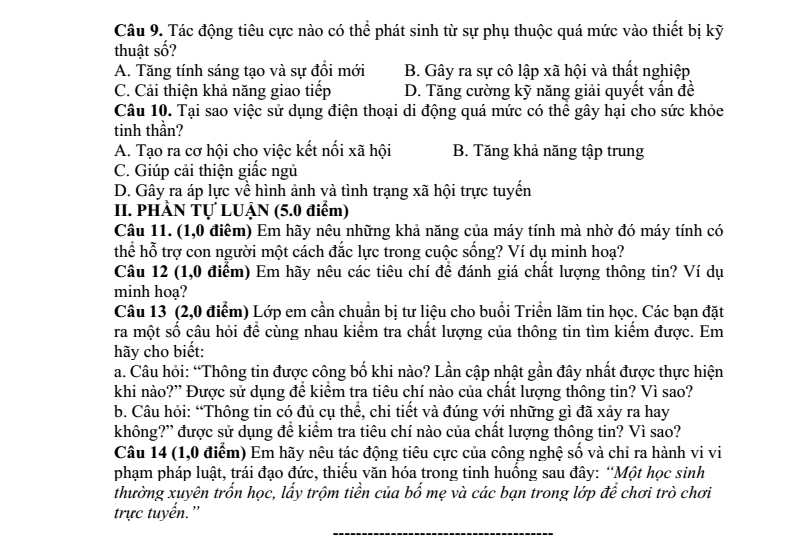 Đề thi Giữa kì 1 Tin học 9 năm 2024-2025 trường THCS Phan Bội Châu (Quảng Nam)
