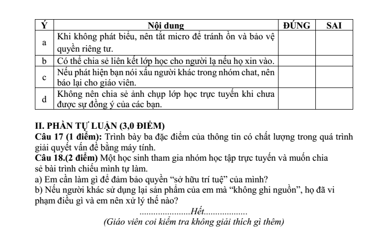 Đề thi Giữa kì 1 Tin học 9 năm 2025-2026 trường THCS Quế Thuận (Đà Nẵng)