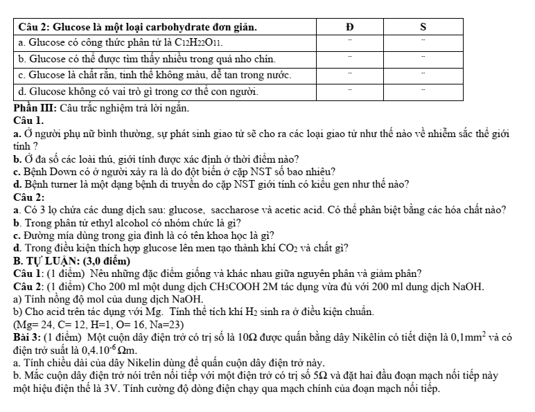 Đề thi Giữa kì 2 KHTN 9 năm 2025-2026 trường THCS Đức Giang (Hà Nội)