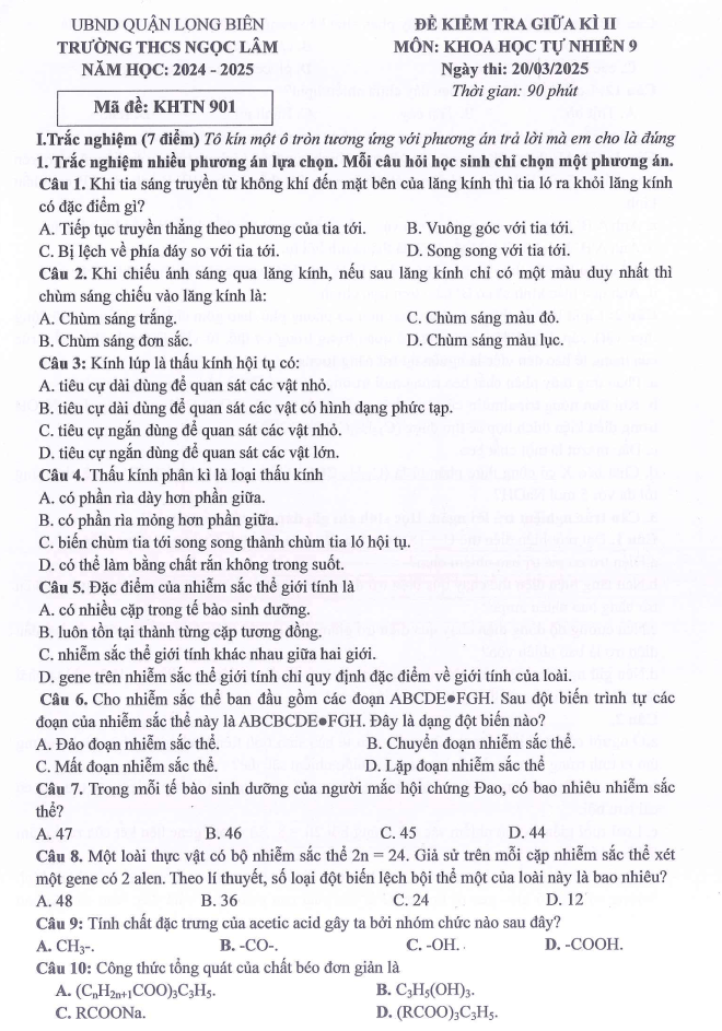 Đề thi Giữa kì 2 KHTN 9 năm 2024-2025 trường THCS Ngọc Lâm (Hà Nội)