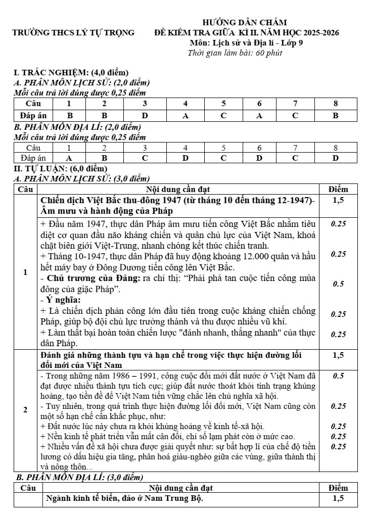Đề thi Giữa kì 2 Lịch Sử và Địa Lí 9 năm 2025-2026 trường THCS Lý Tự Trọng (Đà Nẵng)