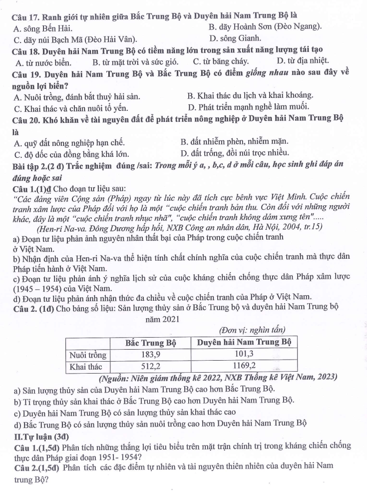 Đề thi Giữa kì 2 Lịch Sử và Địa Lí 9 năm 2024-2025 trường THCS Ngọc Lâm (Hà Nội)